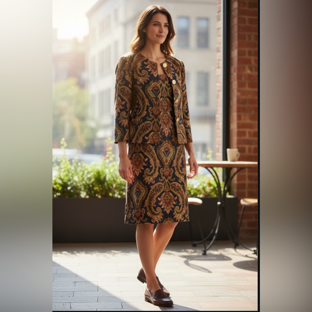 Jones New York Elegant Paisley Dress and Jacket Set linen